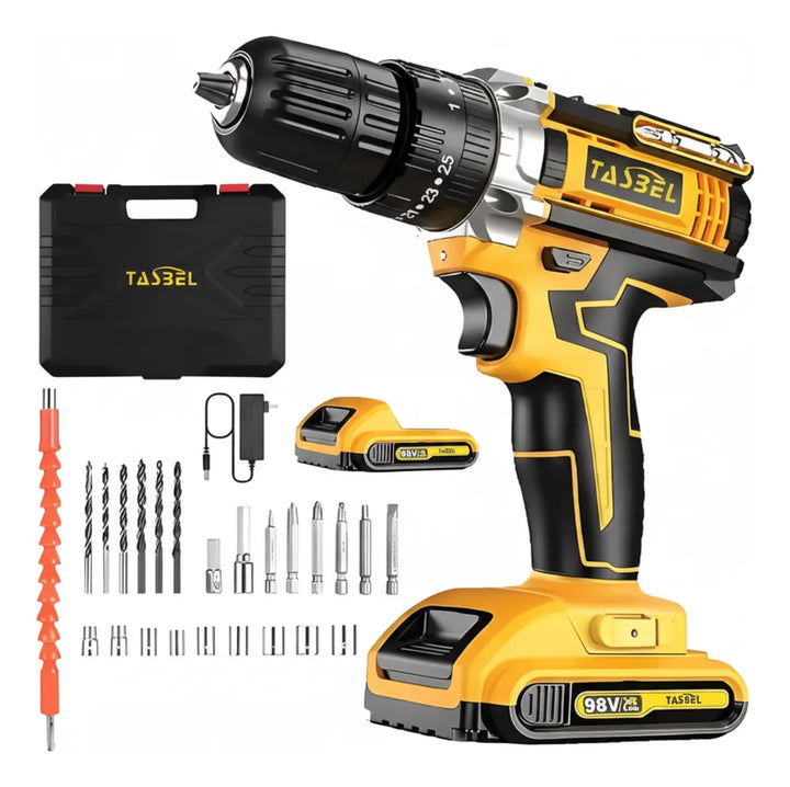 Kit taladro inalámbrico Tasbel con 2 baterías, cargador, brocas, puntas, dados y maletín