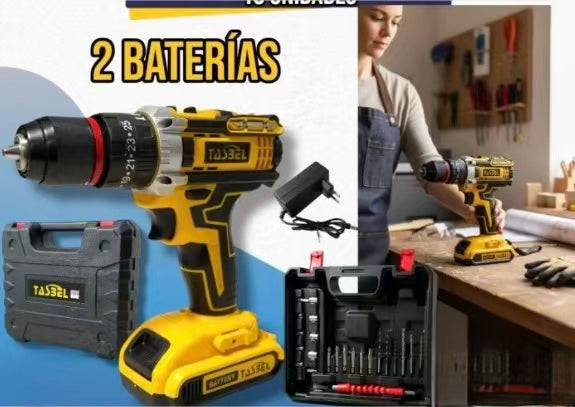 Kit taladro inalámbrico 12V con 2 baterías, cargador, accesorios y caja organizadora