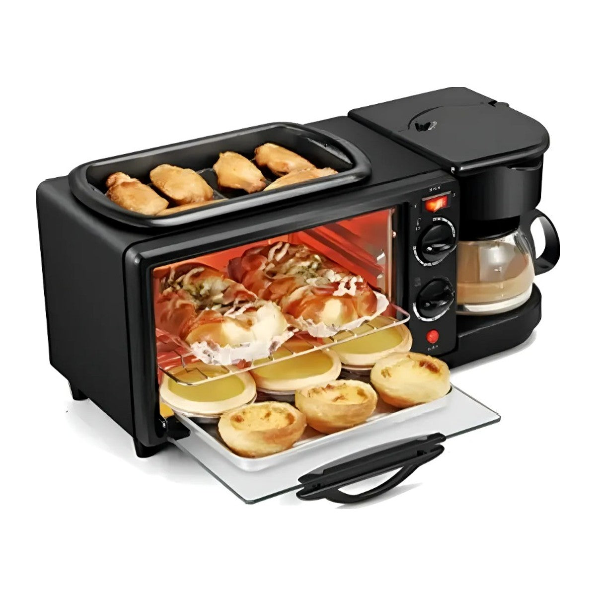 Horno Eléctrico 3 en 1 para Desayuno: Horno, Cafetera y Plancha